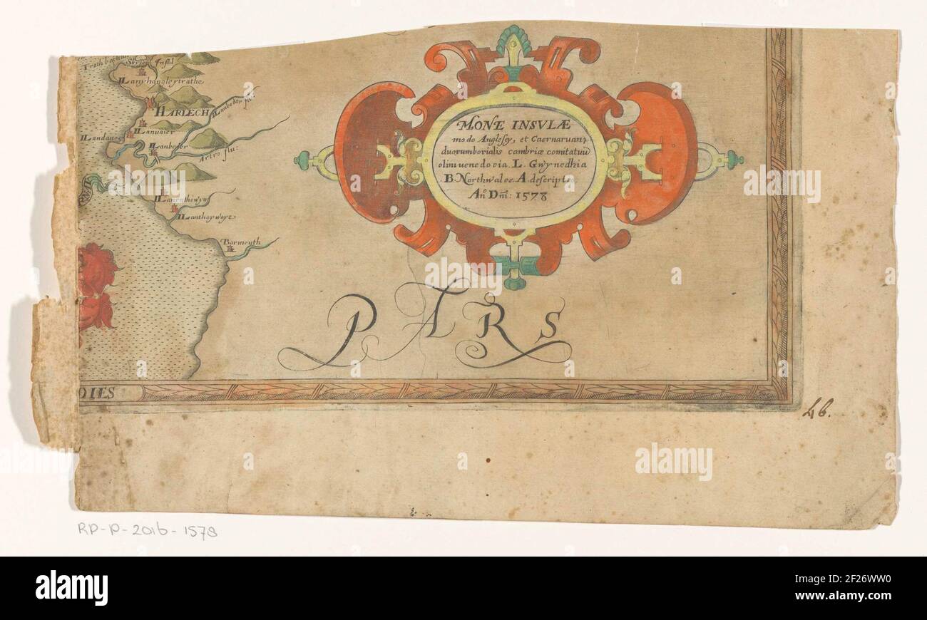 Cartouche ha incontrato rolwerk; Mone insulae.A cartouche con rollerwork e titolo. Dettaglio di una mappa delle contee storiche Anglesey e Caernarvonshire nel nord-ovest del Galles. Foto Stock
