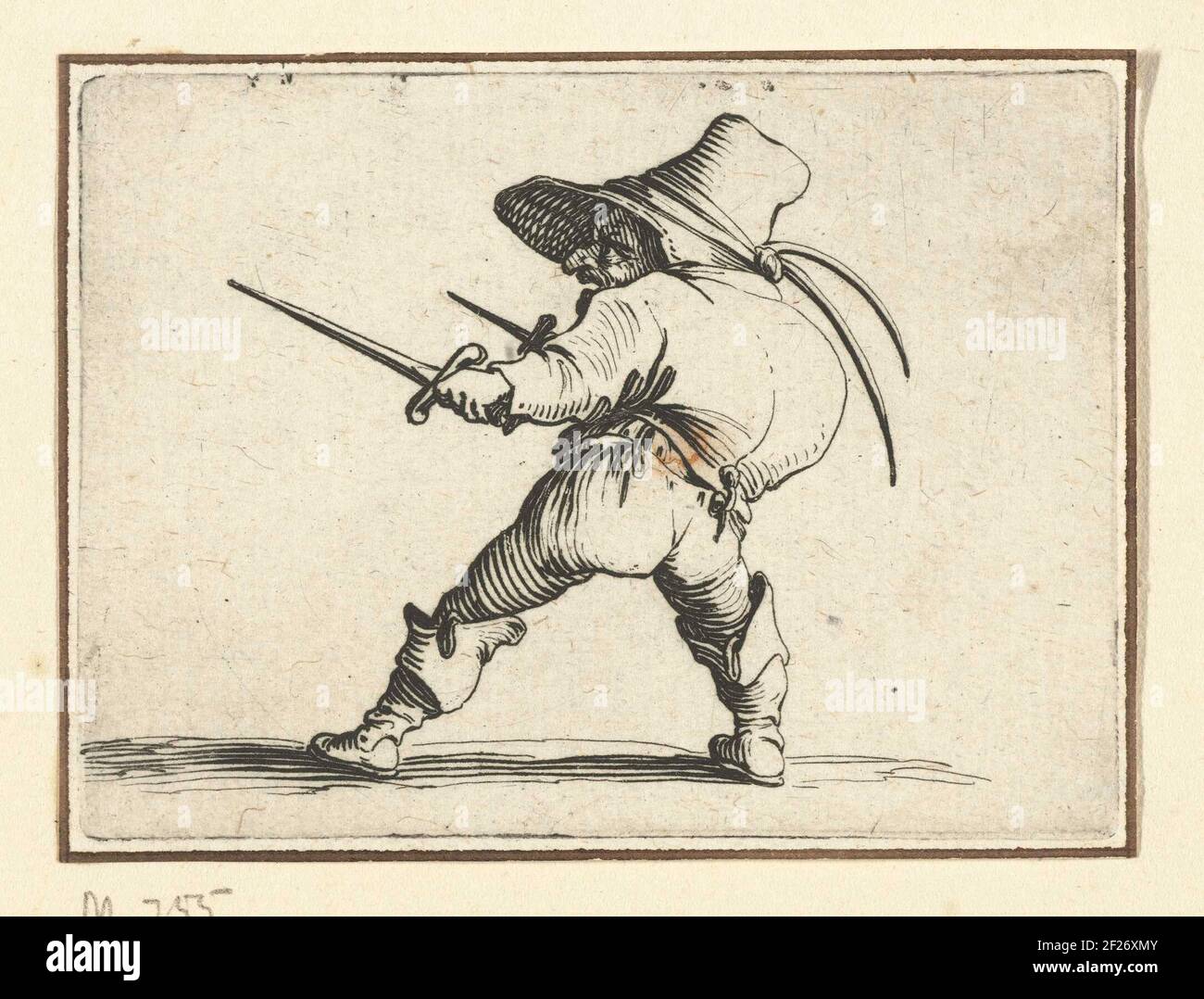 Dwerg met twee dolken; varietà figura gobbi di Jacopo Callot; grotteske diverso figuren; Dwergen en gebochelden.Dwarf, più o meno a sinistra, con dorso a forma di gobbo, cappello con due molle sulla testa, a destra e pugnale a sinistra. Questa stampa fa parte di una serie di 21 stampe con figure grottesche; praticamente tutte queste figure sono nane, molte sono state tratteggiate. Foto Stock