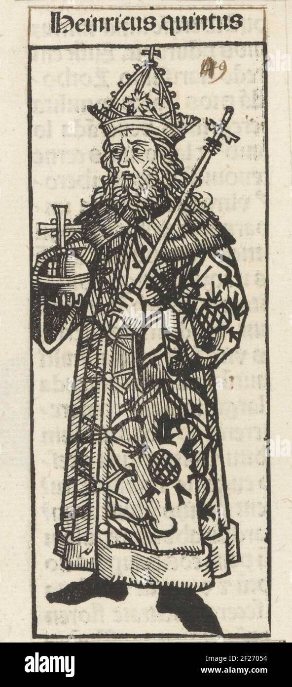 Keizer Hendrik V; Heinricus quintus; Liber Chronicarum.UN re con un compagno e scettro, per i piedi. Lo spettacolo fa parte della sequenza imperatori del Liber Chronicarum. Il testo identifica l'uomo come imperatore Hendrik V. la stampa fa parte di un album. Foto Stock