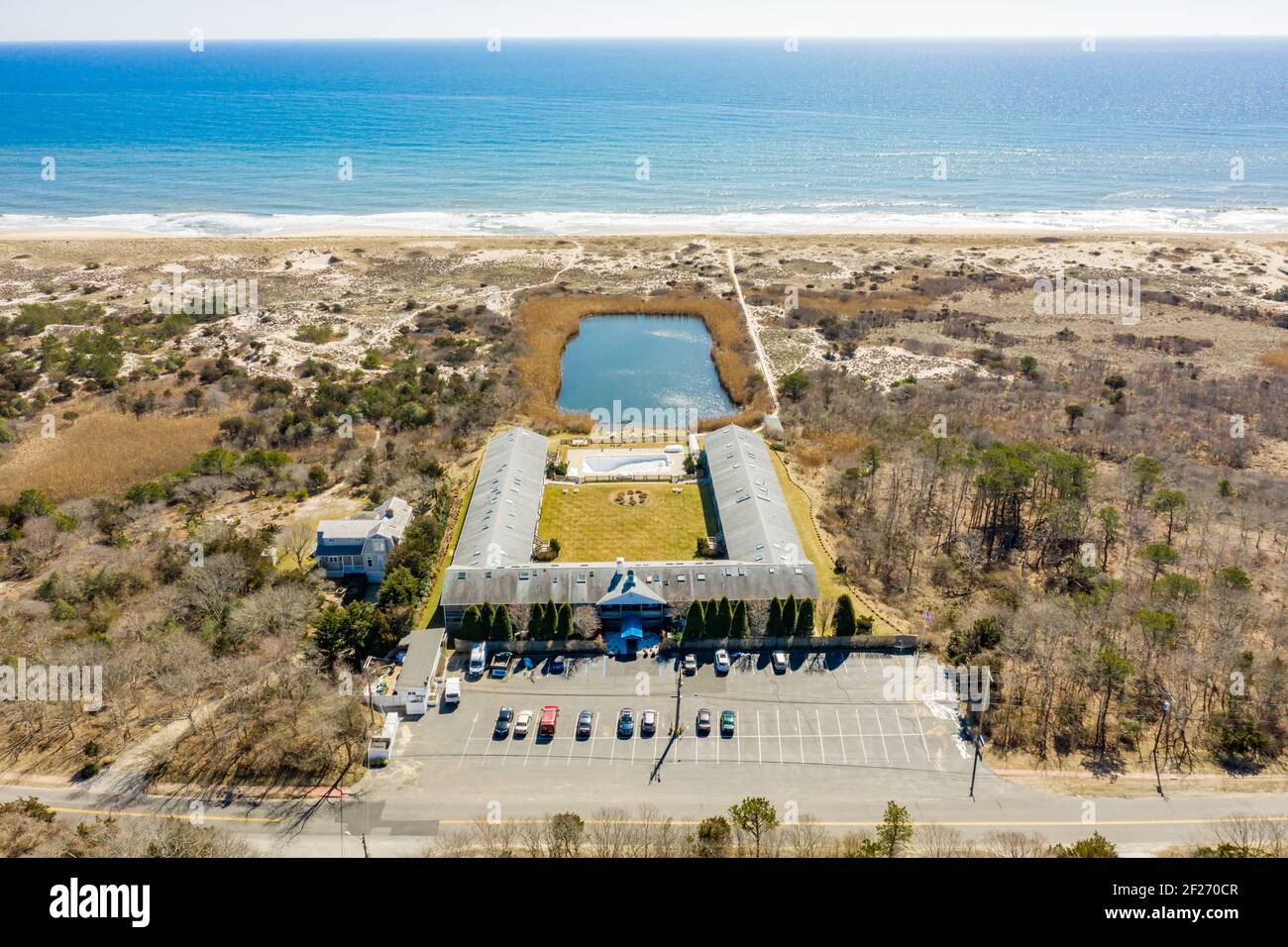 Vista aerea dell'Ocean Dune Apartments ad Amagansett, NY Foto Stock