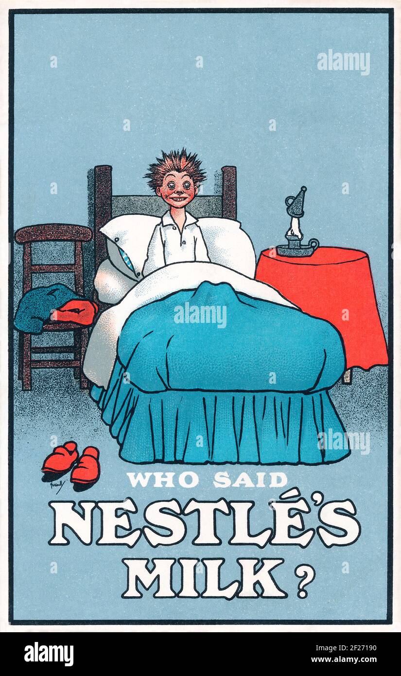 Cartolina pubblicitaria edoardiana d’epoca per il latte di Nestlé. Foto Stock