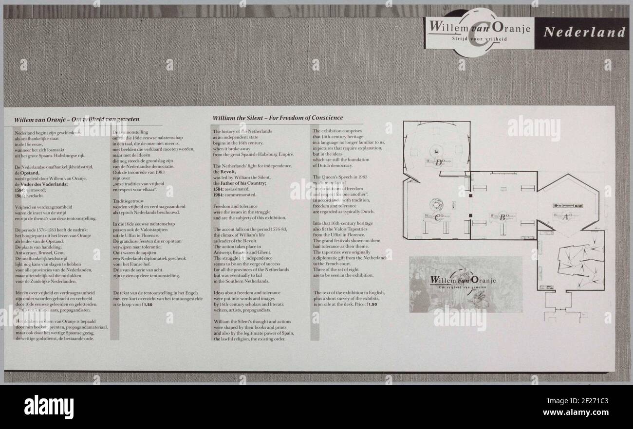 Pannello informativo su Willem van Oranje con mappa della mostra; mostra Willem van Oranje - alla libertà di coscienza .. Foto Stock