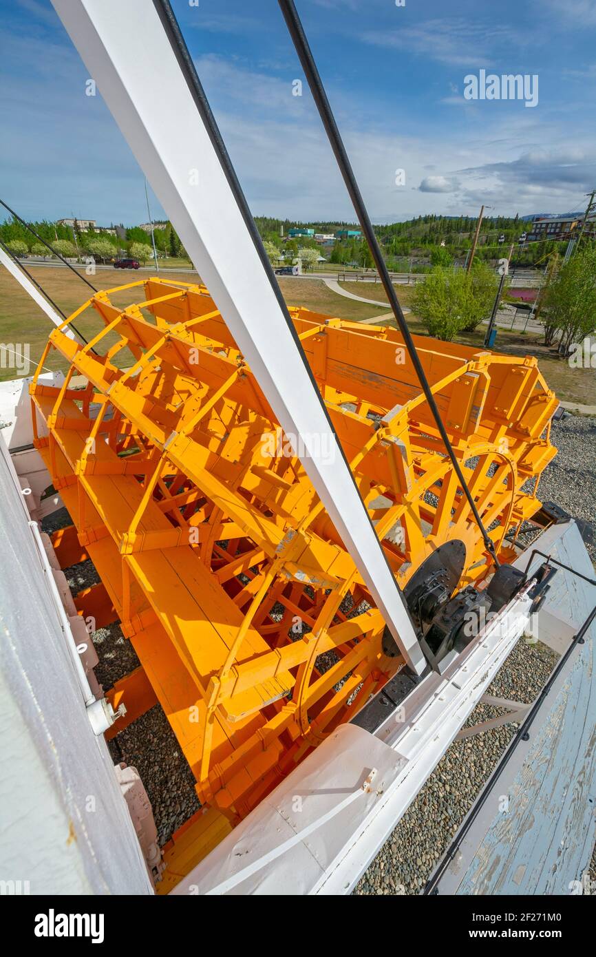 Canada, Yukon, Whitehorse, S.S. Klondike ha lanciato 1937, Steam powered sternwheel, dettaglio della ruota a pale Foto Stock