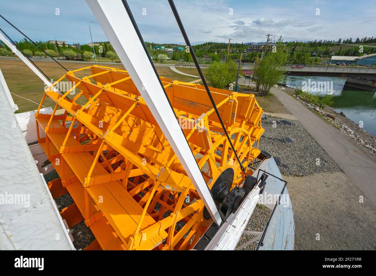 Canada, Yukon, Whitehorse, S.S. Klondike ha lanciato 1937, Steam powered sternwheel, dettaglio della ruota a pale, Yukon River Foto Stock