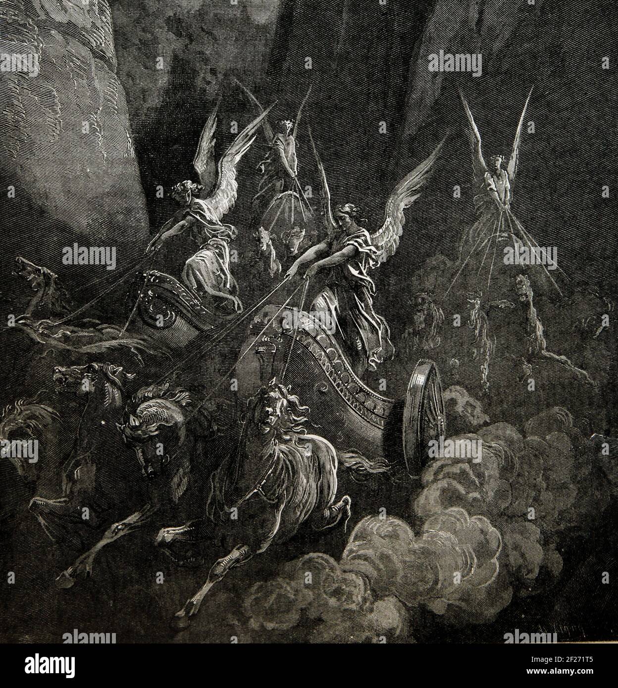 Storia della Bibbia Illustrazione della visione di Zaccaria dei quattro carri dell'Antico Testamento (Zaccaria 6:1) dall'Antico Testamento e da Nevi'im Foto Stock