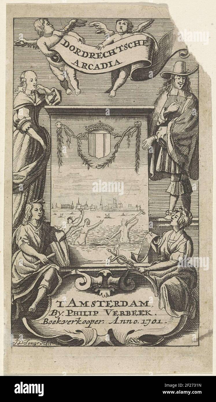 Quattro figure intorno ad un quadro su cui uno stemma, un volto della città di Dordrecht e figura in acqua. Due angeli con banderole in cui il titolo. In un cartouche il nome del venditore di libri. Foto Stock
