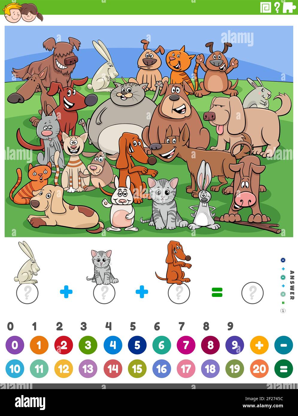 Illustrazione cartoon di conteggio matematico educativo e gioco di aggiunta per bambini con cani, gatti e conigli Illustrazione Vettoriale