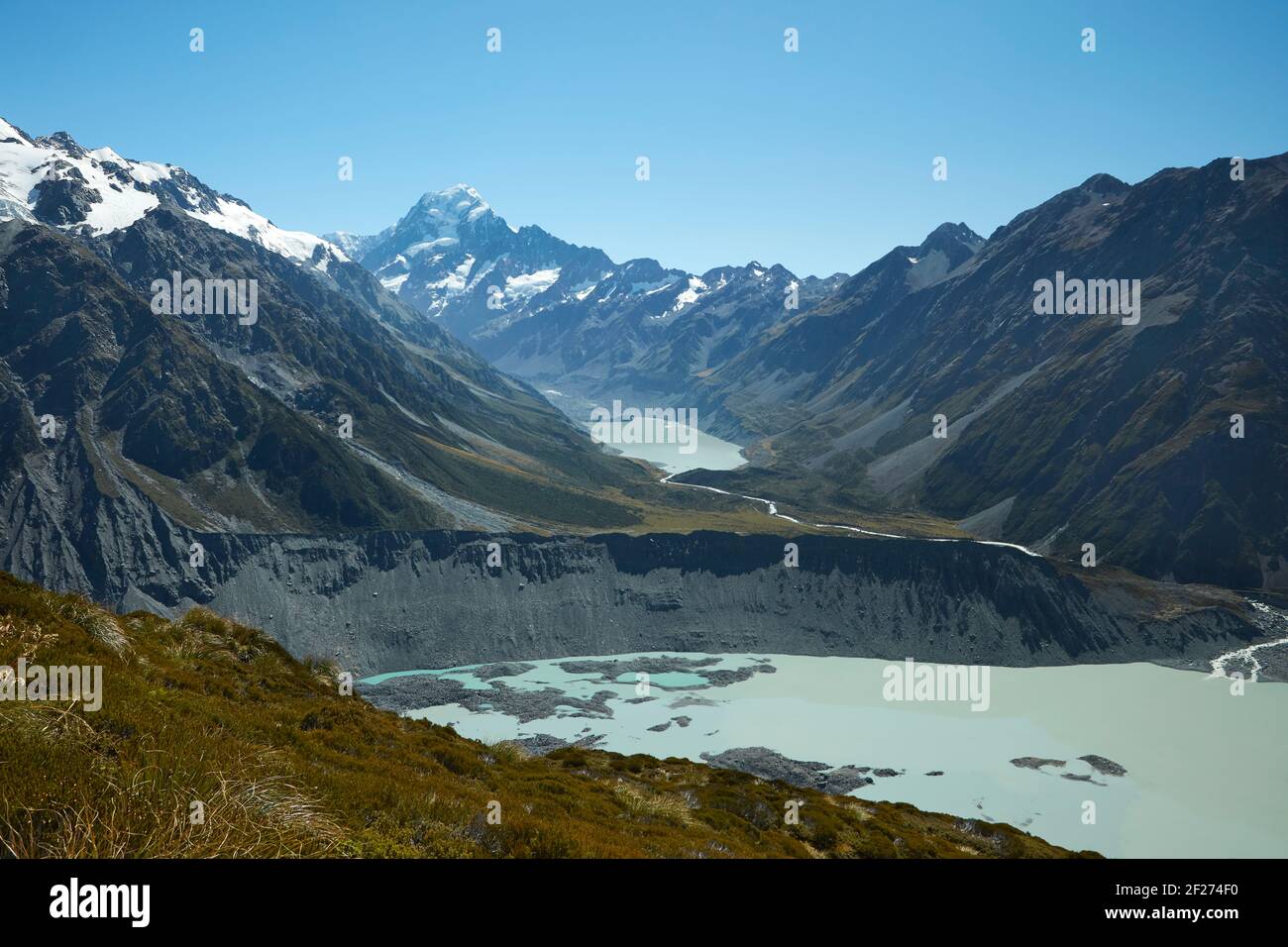 Aoraki / Mt Cook, Hooker Valley, e Mueller Lake, Aoraki / Mount Cook National Park, South Island, Nuova Zelanda Foto Stock