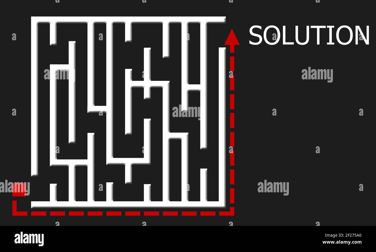 Un rendering 3d di una freccia che va alla parola 'soluzione' fuori dal labirinto su sfondo nero Foto Stock