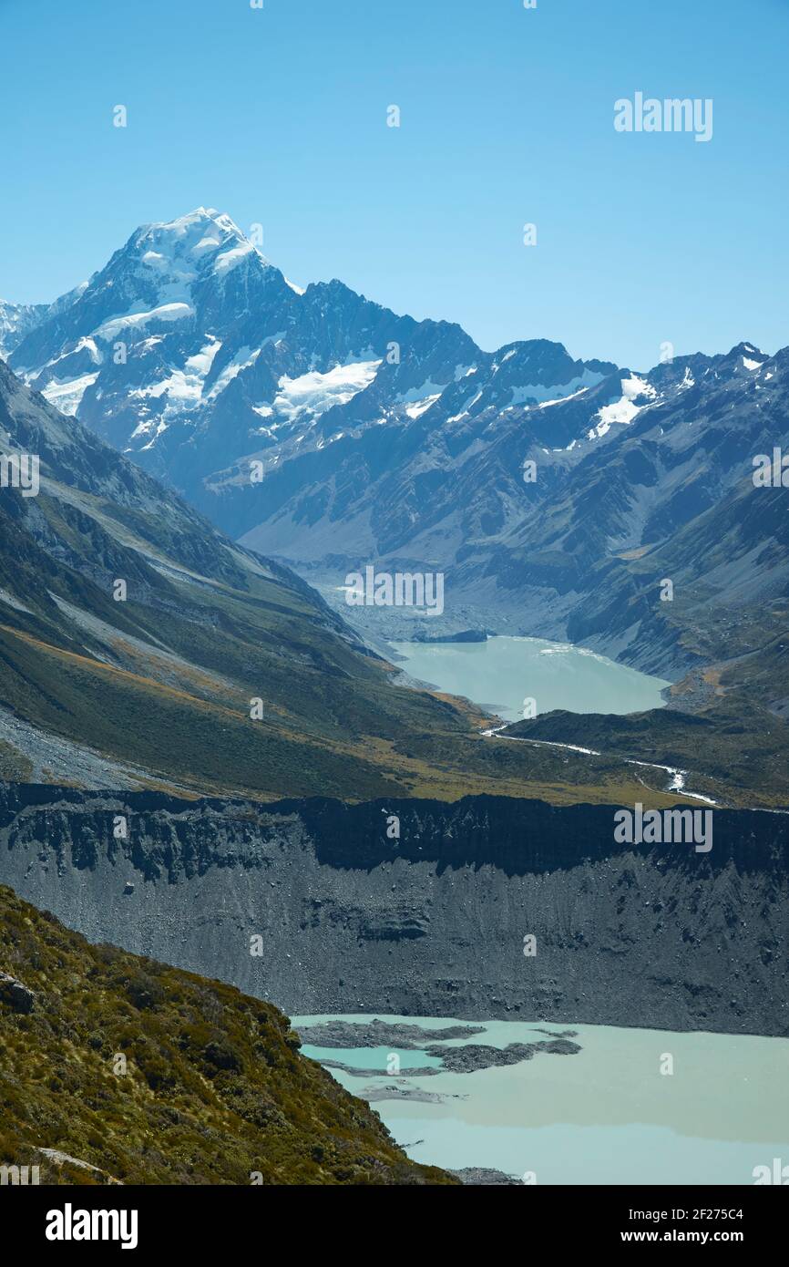 Aoraki / Mt Cook, Hooker Valley, e Mueller Lake, Aoraki / Mount Cook National Park, South Island, Nuova Zelanda Foto Stock