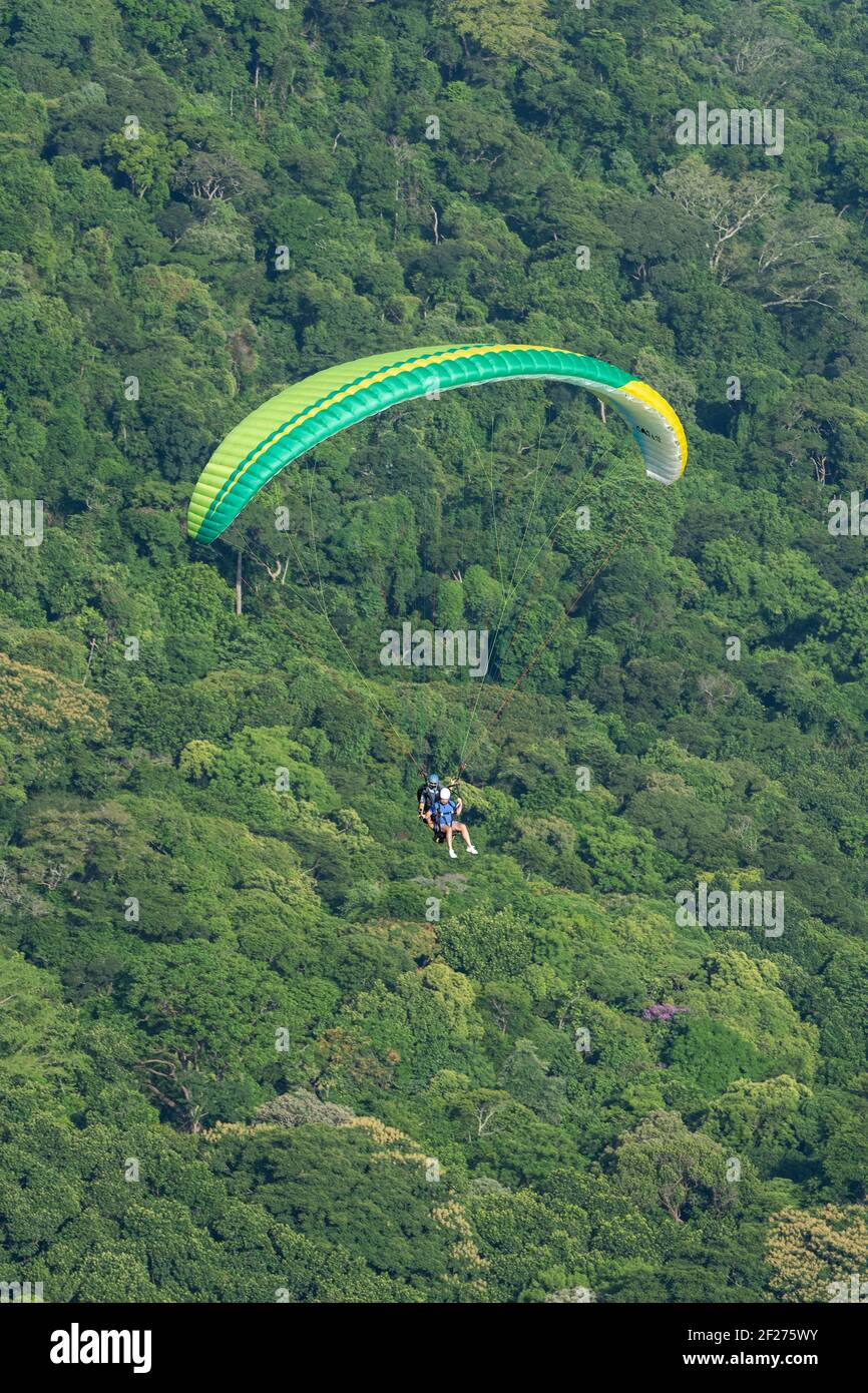 Splendida vista sul parapendio che sorvola la verde foresta pluviale Foto Stock
