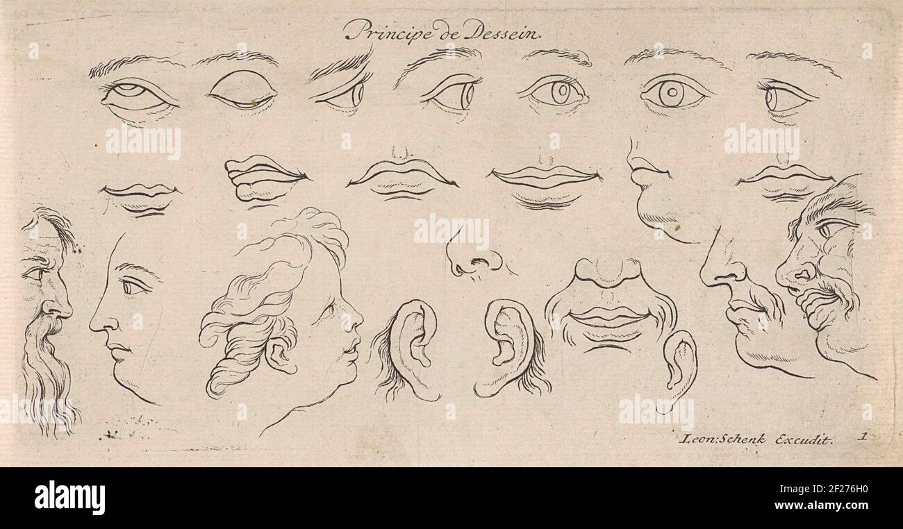 Studies van menselijke gezichten; Studies van menselijke figuren of lichaamsonderdelen; Principe de dessein.visioni diverse di volti umani o parti di essi; principalmente di occhi, bocche e naso. La stampa proviene da una serie di presumibilmente dodici esempi di studio per giovani artisti. Foto Stock