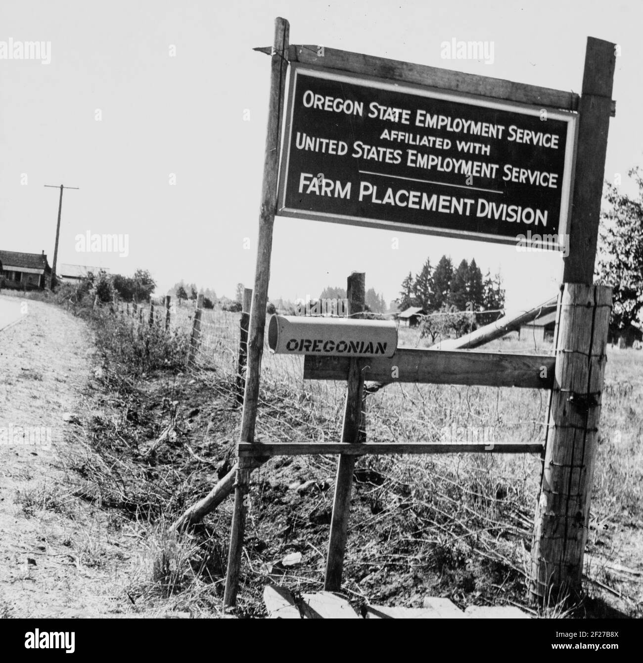 West Stayton (nelle vicinanze) Marion County, Ore. Raccoglitori di fagioli migratori. Un ufficio stagionale è gestito dal servizio di occupazione statale. La fotografia mostra il cartello per l'Oregon state Employment Service Farm Placement Division. . Agosto 1939. Fotografia di Dorothea Lange Foto Stock