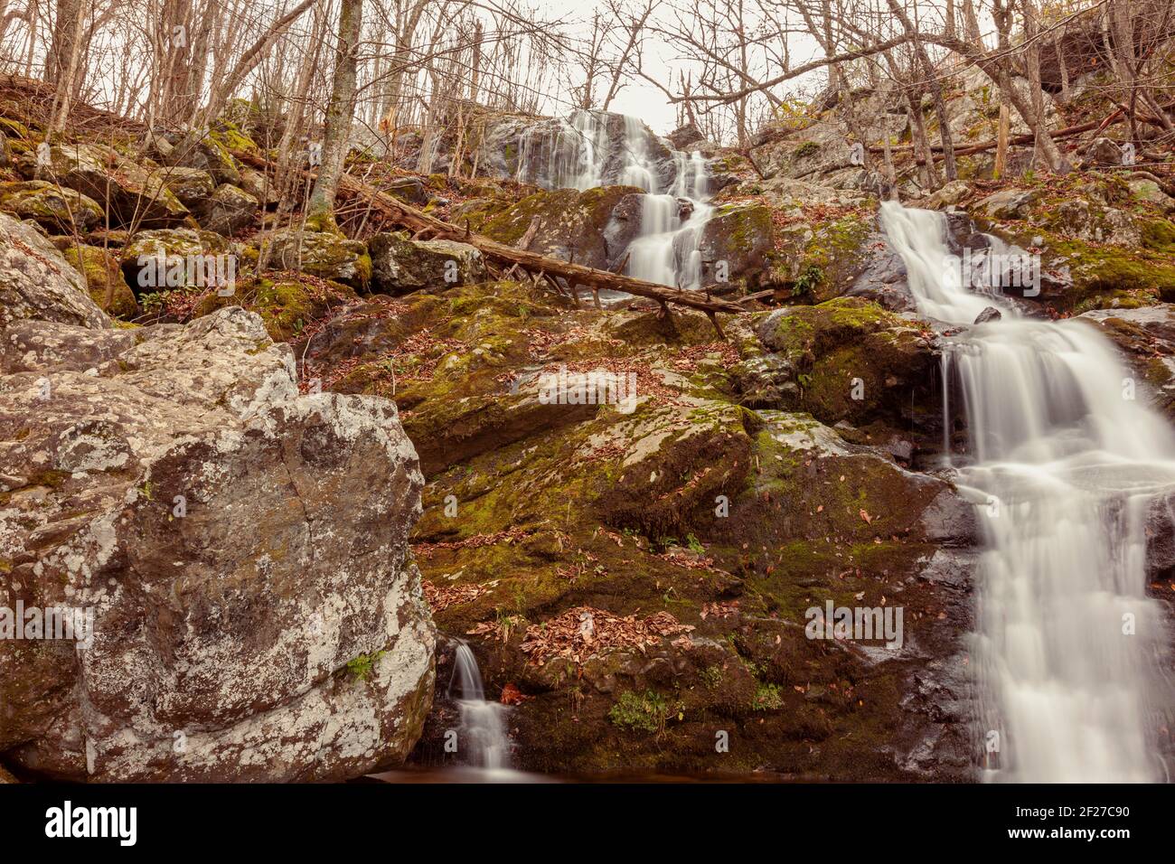 Immagine a lunga esposizione delle Dark Hallow Falls nel Parco Nazionale di Shenandoah in autunno. L'immagine presenta acqua a cascata che scende lungo la montagna coperta wi Foto Stock