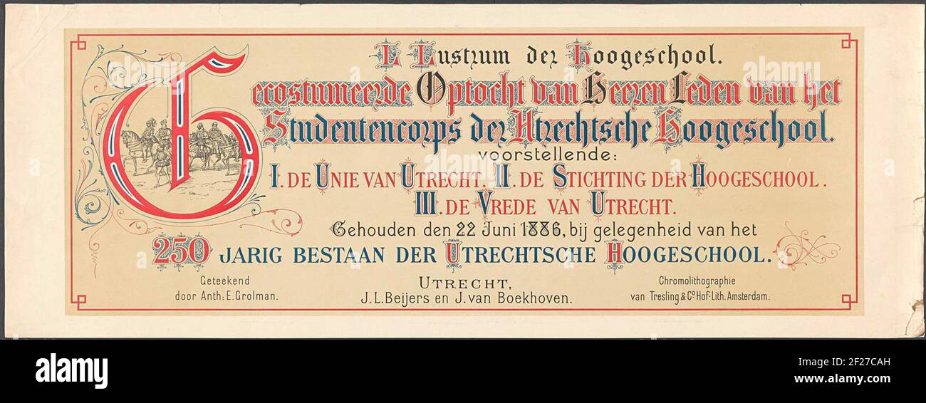 Utrecht masquerade del 1886 (copertina); Masquerade 1886; L Lustum del Hoogeschool. Corteo di membri del Signore del corpo studentesco dell'Utrechtsche Hoogeschool. Proposta: I. l'Unione di Utrecht. II. La fondazione Hoogeschool. III. La pace di Utrecht. 22 giugno 1886, in occasione del 250° anniversario della copertina di carta marrone Utrechtsche Hoogeschool (con etichetta del titolo) Per la serie di sei tavole più titolo Stampa e spiegazione dell'eroe della processione storica da parte degli studenti dell'Università di Utrecht di Scienze applicate il 22 giugno 1886 in occasione del suo 25 Foto Stock