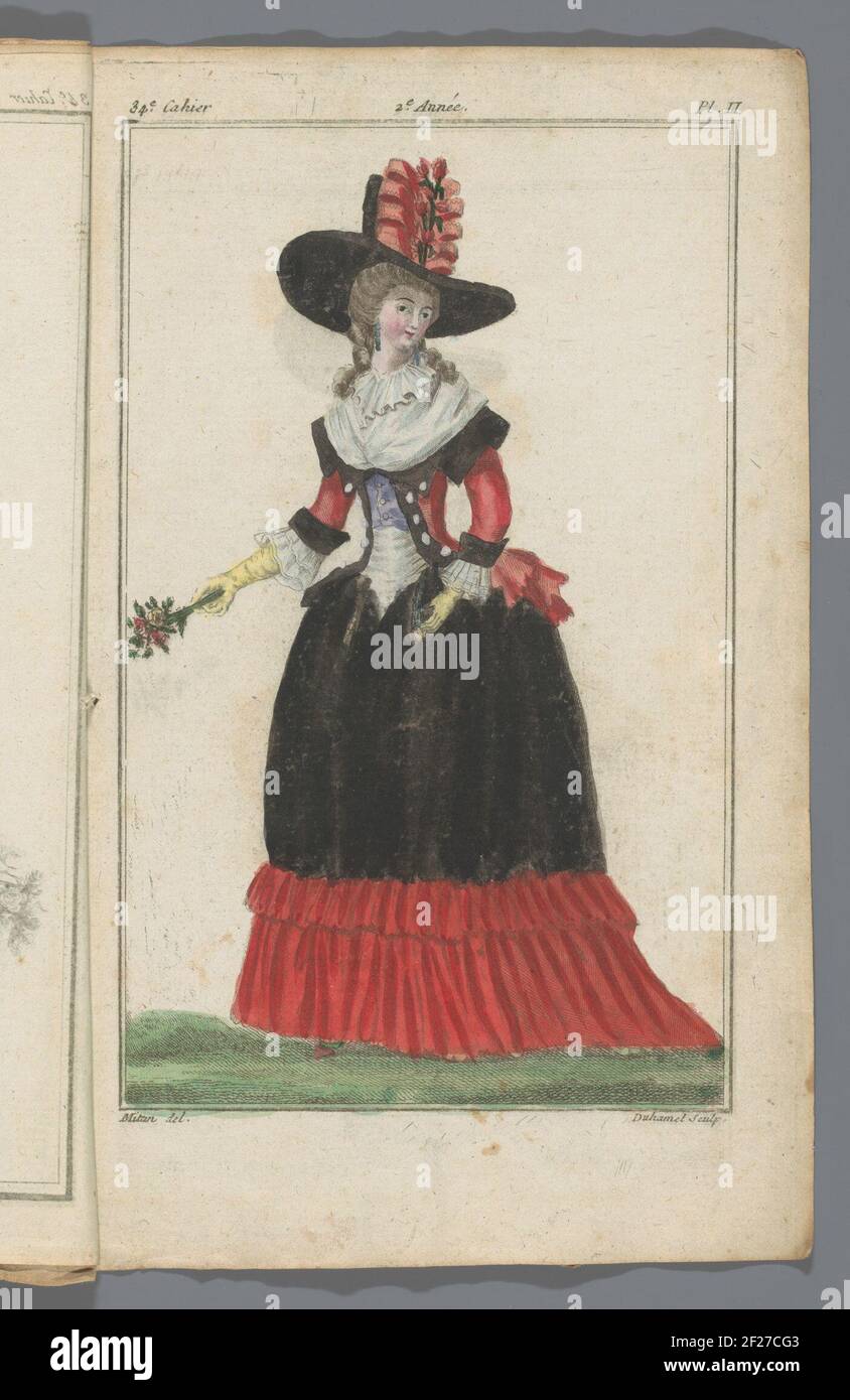 News Negozio delle modalità francese e inglese, 20 ottobre 1787, 34° notebook, 2° anno, pl. 3.Two bustle femminili. A SINISTRA: Cappello di lato a strisce con una Garland di Roses. A destra: Baigner con ampia mucca di nastro a strisce. La Stampa fa parte del trentesimo quaderno, 2° anno, dal nuovo negozio di nuove modalità francese e inglese. La serie è composta da 172 stampe di moda, pubblicate da Buisson, Parigi, dal 20 novembre 1786 al 21 dicembre 1789. Foto Stock