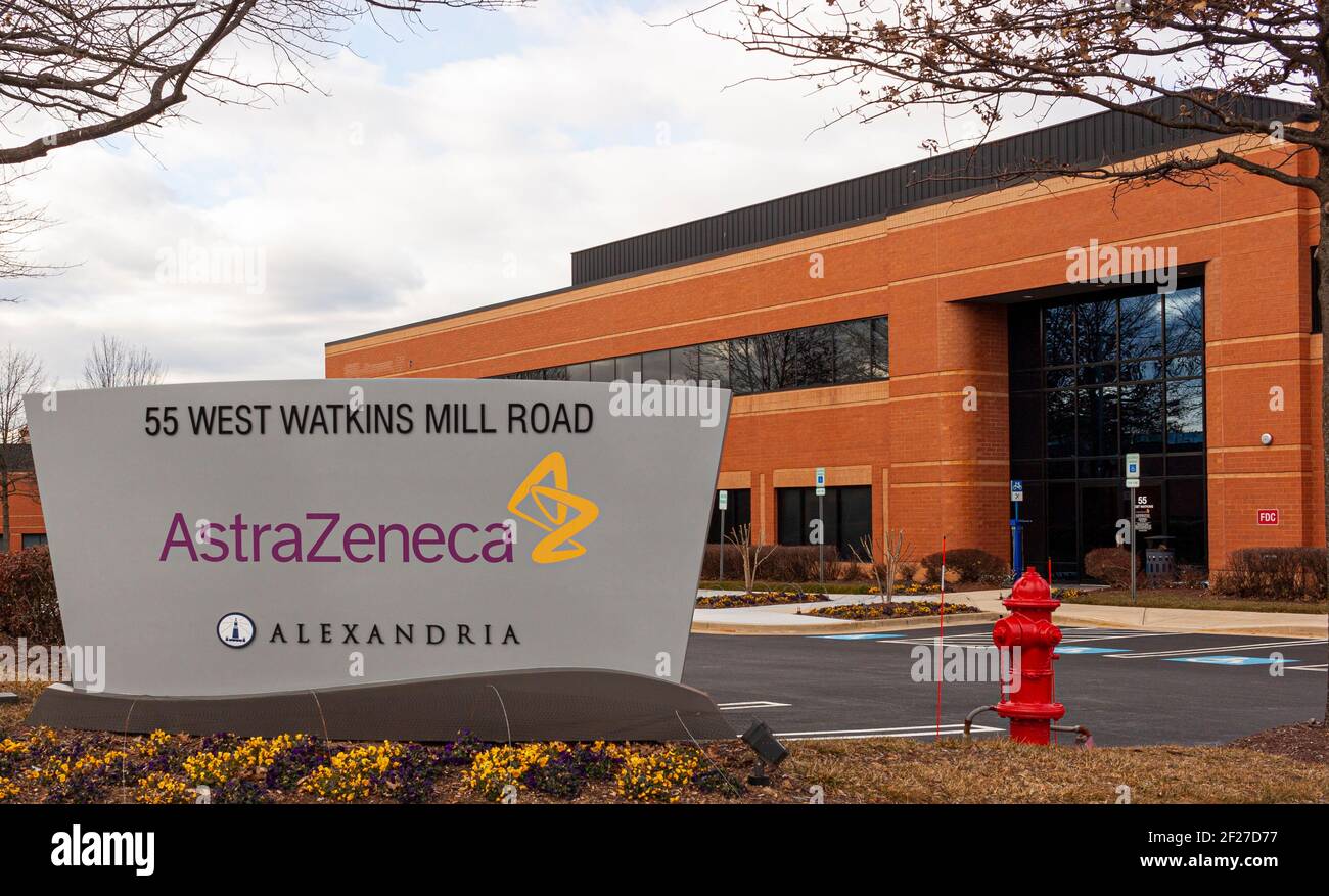 Gaithersburg, MD, USA 01-29-2020: Vista esterna della sede centrale statunitense della società farmaceutica biomedica AstraZeneca . AstraZeneca con Università Foto Stock