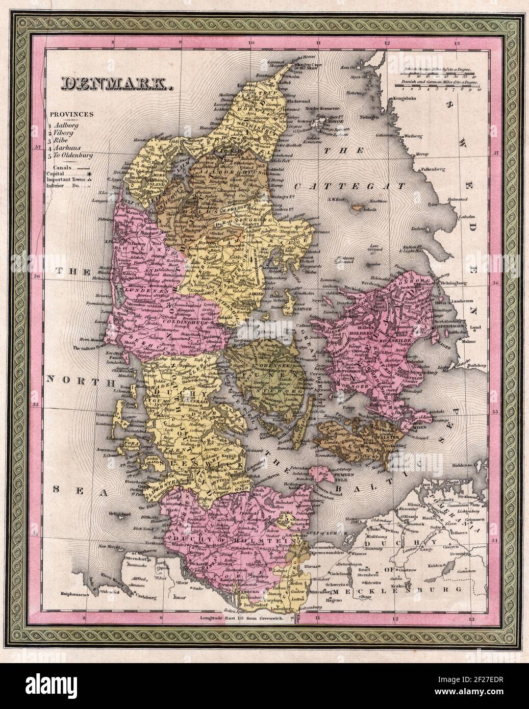 Mappa della Danimarca di Samuel Augustus Mitchell, 1846 Foto Stock