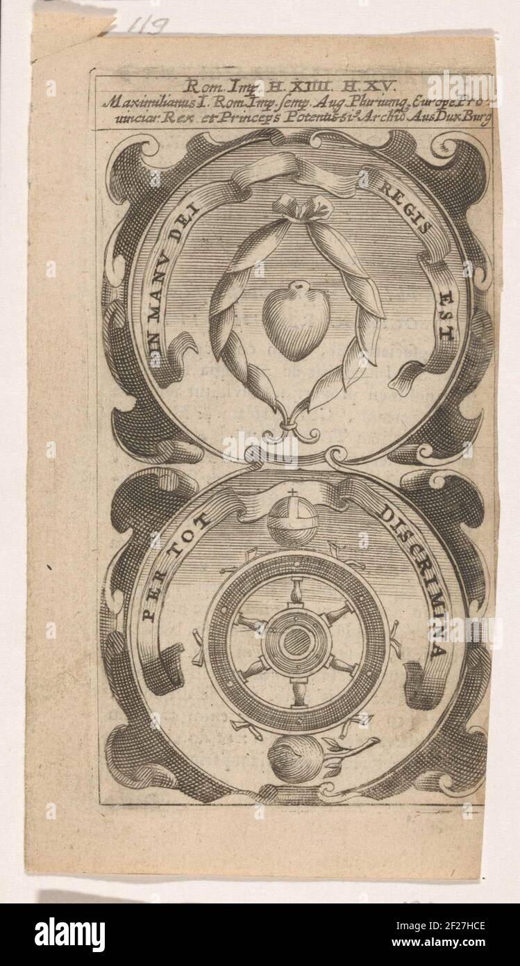 Lauwerkrans ha incontrato hart / Rad van Fortuin met rijksappel en roos; a Manu dei Regis Est / per Tot Discincenna; Symbola Divina et Humana Pontificum Imperatorum Regum. Un emblema con due rappresentazioni. Sopra un cuore all'interno di una corona di alloro. Sotto la ruota della fortuna con una rosa e sotto una rosa in cima. La preoccupazione dell'imperatore Maximiliaan I. Foto Stock