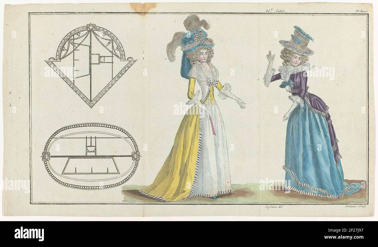 Il primo Fashion Magazine.The Cabinet des Modes ou les Modes Nouvelles è apparso per la prima volta il 15 novembre 1785. Come prima rivista di moda vera, è stata pubblicata regolarmente e interamente dedicata alle notizie dal mondo della moda. Era disponibile solo su abbonamento e distribuito sia in Francia che all'estero. Ogni edizione di otto pagine conteneva tre incisioni colorate a mano. Dopo un anno di stampa, la rivista cambiò il suo nome in Magasin des Modes Nouvelles Françaises et Anglaises. Invece di tre fogli sciolti, ora includeva un singolo piatto pieghevole raffigurante abiti e accessori. Pu Foto Stock