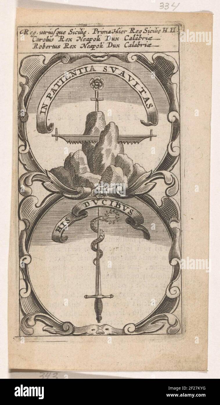 Rots van een berg afgezaagd / Zwaard incontrò kronkelende slang; in Patientia Suavitas / suo ducibus; Symbola Divina et Humana Pontificum Imperatorum Regum. Un emblema con due rappresentazioni. Sopra un pezzo di roccia da una montagna è tagliato fuori. In cima ad essa si trova una croce con rosa. Sotto una spada con un serpente intorno ad esso. Il tubo ha una corona di alloro in bocca. Le invenzioni di Karel II e Robert i van Napoli. Foto Stock