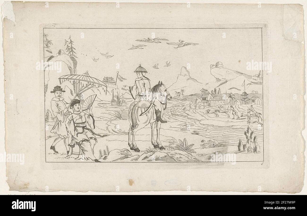 Rider e scena di caccia in un paesaggio cinese; scene di yacht cinesi; nuovo consigliato Sineesen con grande Moeyte firmato e dato in esso, da P. Schenk Jun (...), terza parte.paesaggio con un pilota e un figuren con girante sotto un ombrellone. Il paesaggio passa un fiume con una parte di caccia sul lato opposto. Foto Stock