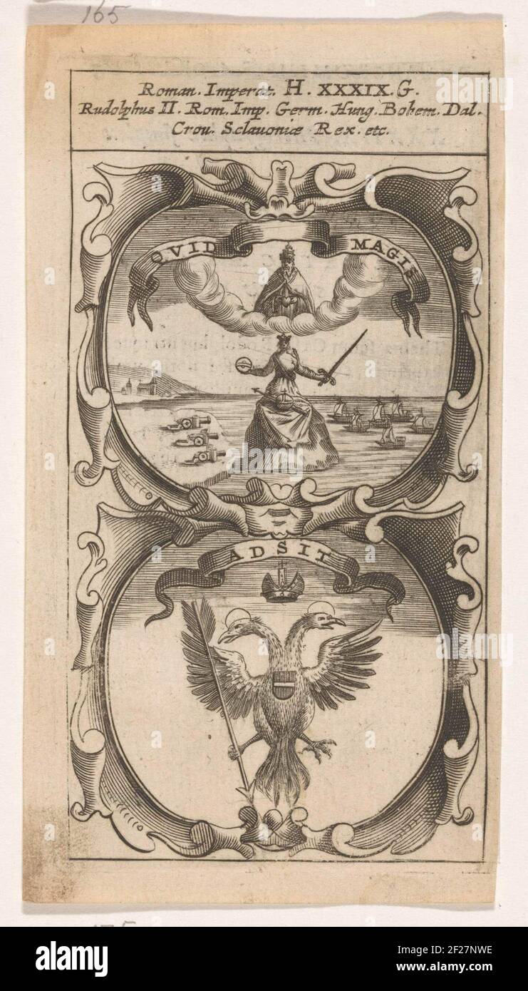 Gerechtigheid en god de Vader / Dubbelkoppie adelaar met pijl; Quid Magis / Adsit; Symbola Divina et Humana Pontificum Imperatorum Regum.An emblema con due rappresentazioni. Al piano superiore è la personificazione della giustizia su una roccia. I cannoni sono rivolti a lei e una flotta di navi viene ad accettare. Nelle nuvole Dio padre con un cuore in mano. Sotto un'aquila a doppia testa incoronata con freccia. Le invenzioni dell'imperatore Rudolf II Foto Stock