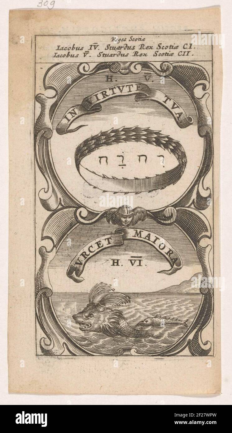 Kroon met naam van god / Vis zwemmend achter een dolfijn; in virtute tua / Urcet Majora; Symbola Divina et Humana Pontificum Imperatorum Regum.an emblema con due rappresentazioni. Sopra una corona o una corona con il nome di Dio in ebraico. Sotto un pesce nuota dietro un delfino in mare. Le invenzioni di Jacobus IV e Jacobus v van Scotland. Foto Stock