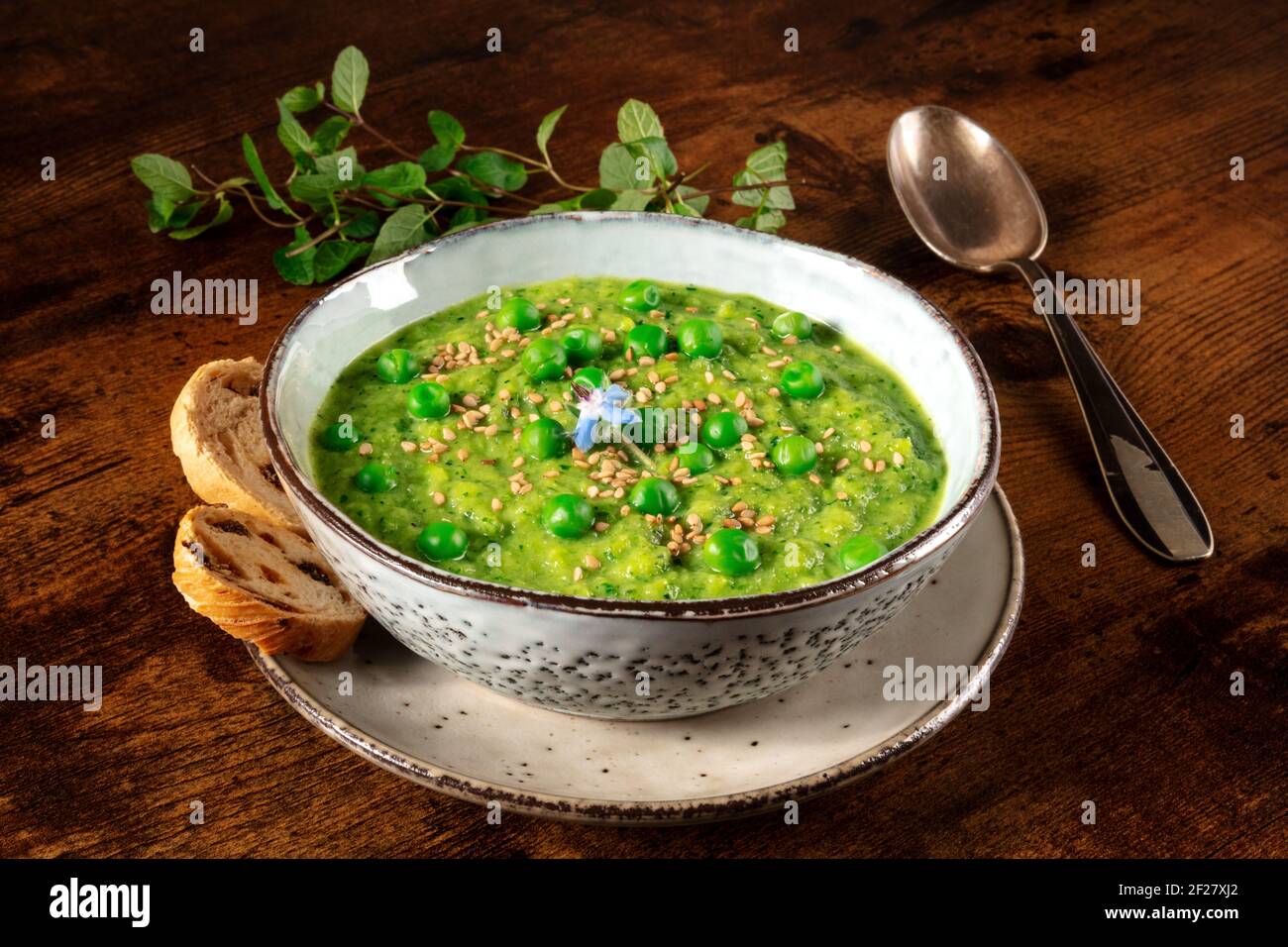 Zuppa di crema verde e toast, su sfondo di legno rustico scuro Foto Stock