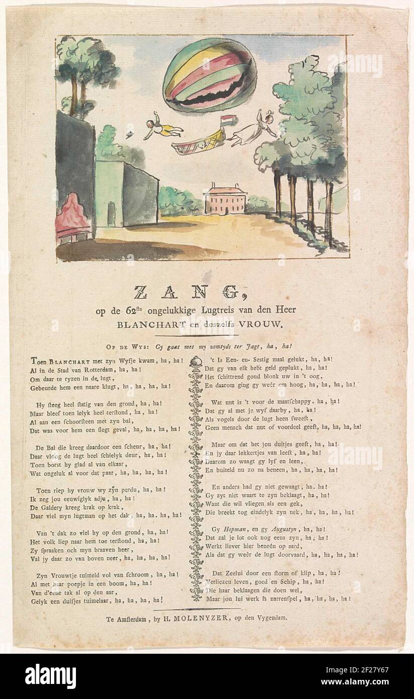 Ballonvaart van Blanchard, 1807; Zang, op de 62ste ongelukkige Lugtreis van den Heer Blanchart en deszelfs vrouw.Taking off the hot air mongolfiera con Jean Pierre Blanchard e sua moglie Marie Madeleine Sophie Armant dal Koekamp all'Aia, 9 luglio 1807. Nello spettacolo, entrambi cadono fuori dal mongolfiera. Sotto l'immagine una canzone spot in dodici versetti regolamentati su Blanchard e sua moglie. Foto Stock