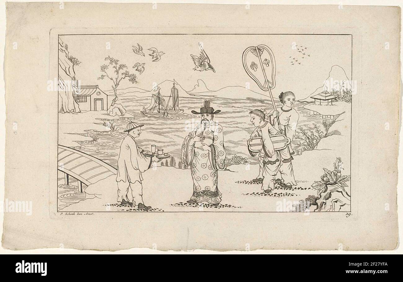 Il Signore cinese riceve il tè da un servo in un paesaggio; nuovo consigliato Sinesen con grande Moeyte firmato e dato in esso, da P. Schenk Jun (...), seconda parte. Paesaggio con un gentleman cinese offerto da un servo tè su un vassoio dietro le due donne calde, uno con un ombrellone. Sullo sfondo due navi a vela sull'acqua. Foto Stock