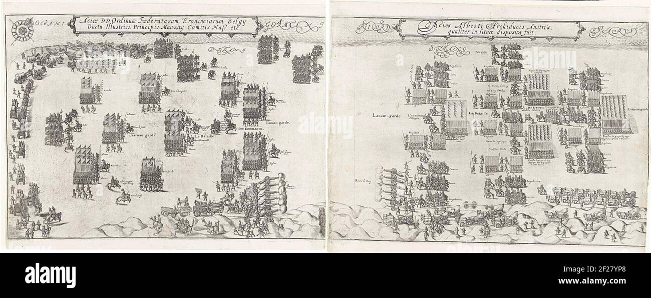 De Staatse en Spaanse legers staan tegenover elkaar op het strand bij Nieuwpoort, 1600. Gli eserciti statali e spagnoli si affrontano sulla spiaggia di Nieuwpoort, 2 luglio 1600. Tutta la performance consisteva in un piatto di sinistra con l'ordine dell'esercito di Stato sotto il principe Maurits, che si sposta a destra, e un tribunale con l'ordine sonoro dell'esercito spagnolo sotto Aartshertog Albrecht, che si sposta a sinistra. Al top cartlini con iscrizioni in latino e nella mostra iscrizioni e nomi di reggimenti e le prestazioni dell'esercito in latino. Foto Stock