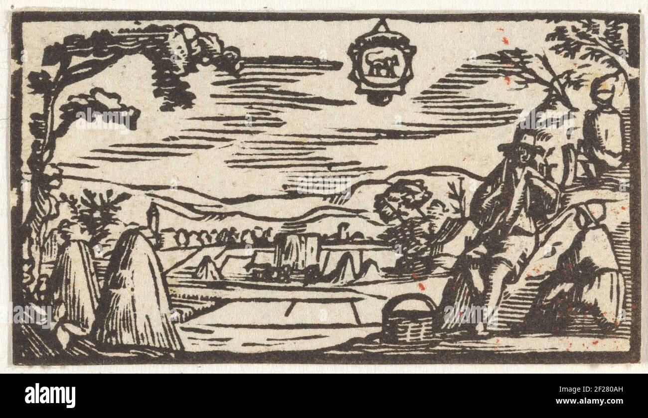 Juli; Maanden van het jaar.tre figure di riposo con balle di fieno sulla terra in background. Al centro sopra di un leone. Foto Stock
