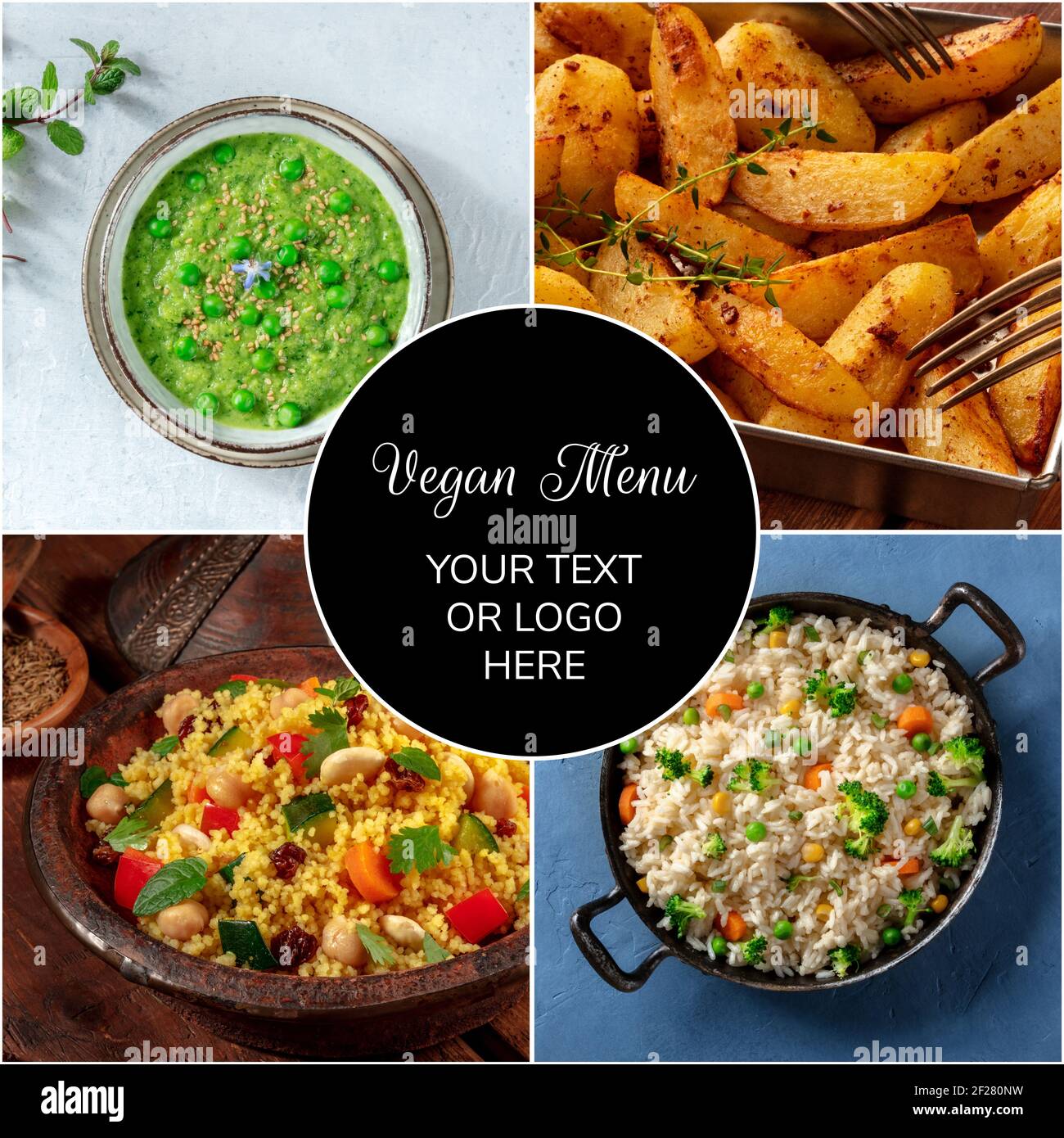 Modello di disegno di collage alimentare vegano. Vari piatti gustosi, tra cui una zuppa verde, patate, couscous e riso Foto Stock