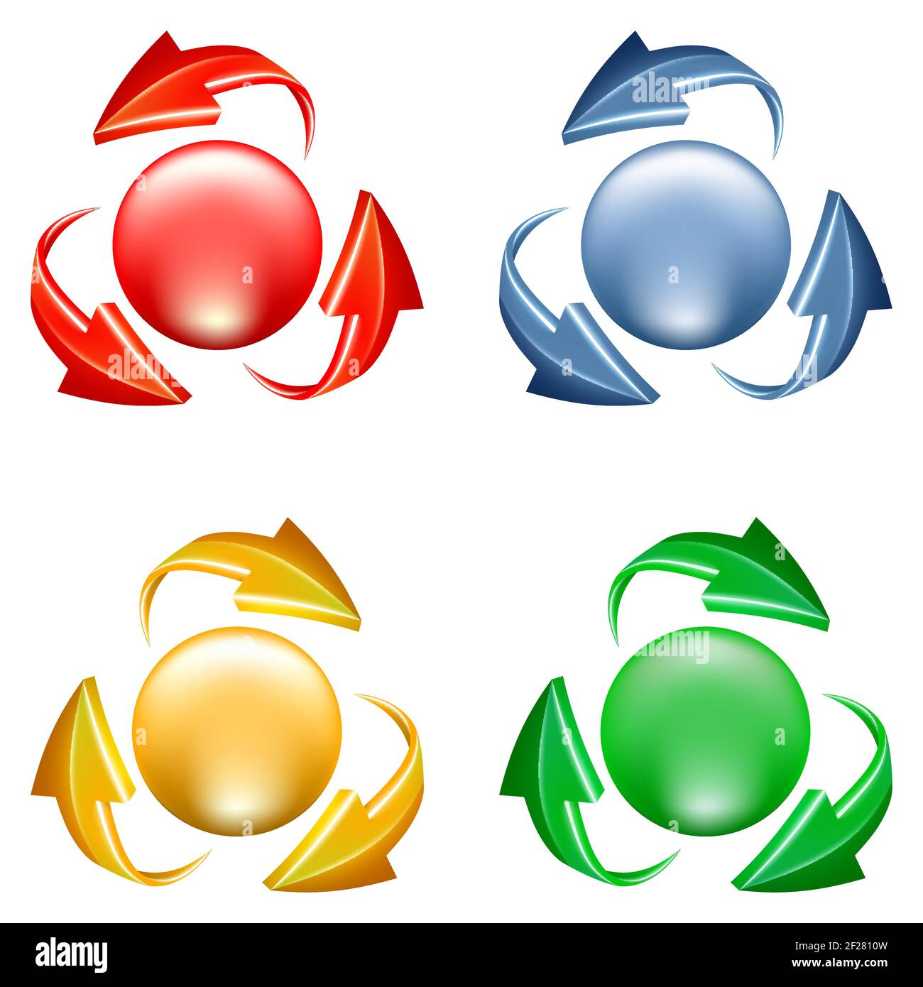 Pulsanti impostati. icona 3d della sfera e delle frecce in vari colori Illustrazione Vettoriale
