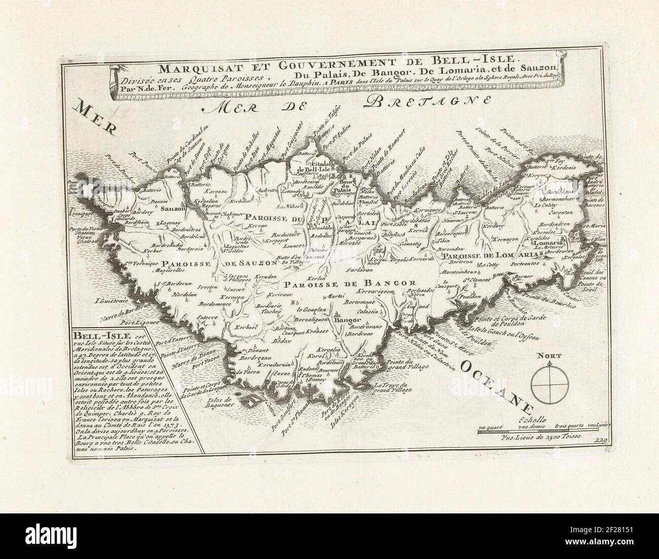 Kaart van de Markizaat van Belle Island, ca. 1702; Marquisat e governo di Bell-Isle (...); le forze d'Europa, Asia, Africa e America, o la descrizione delle principali città con le loro fortificazioni. Progettato dai migliori ingerenti, in particolare quelli sotto il dominio della Francia (...) e adornato con diversi edifici superbi.Mappa del Mapizaat di Belle Island. 229 nella foto nel contesto di un totale di 276 targhe numerate di rinomate città forti e fortezze nel contesto della guerra di successione spagnola. Per la maggior parte, queste piastre sono state cophed al F anonimo Foto Stock