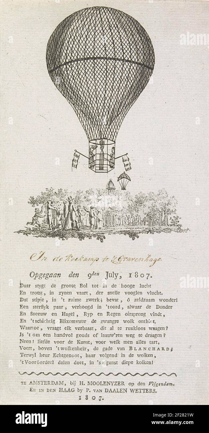 Ballonvaart van Blanchard, 1807; Oppegaan den 9den luglio, 1807. Decollo della mongolfiera con Jean Pierre Blanchard e sua moglie Marie Madeleine Sophie Armant dal Koekamp all'Aia, 9 luglio 1807. Sotto l'immagine una dodici righe fresco. Foto Stock