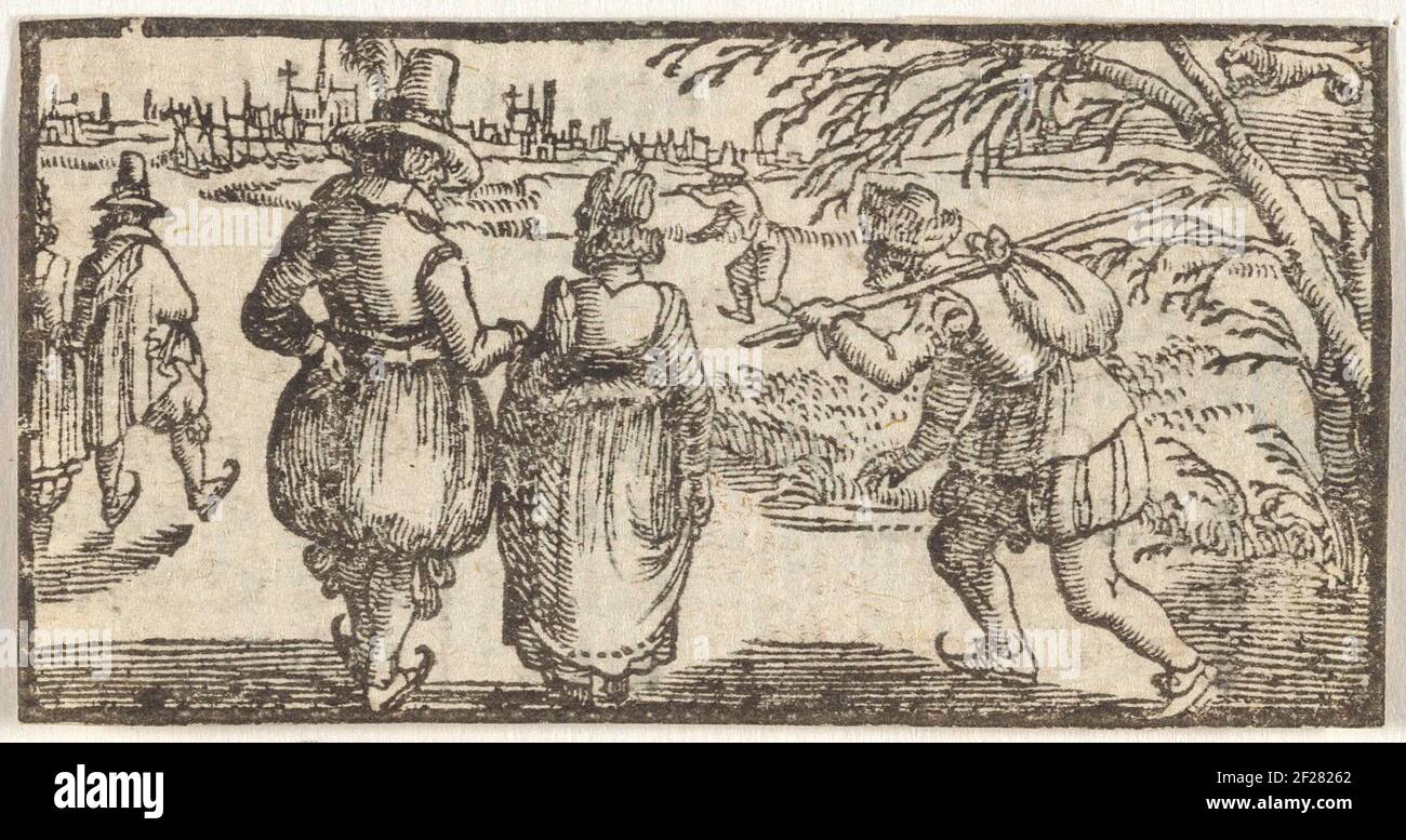 Dicembre; Maanden van het jaar.uomini e donne che pattinano sul ghiaccio. In alto a destra di un capriculum. Foto Stock