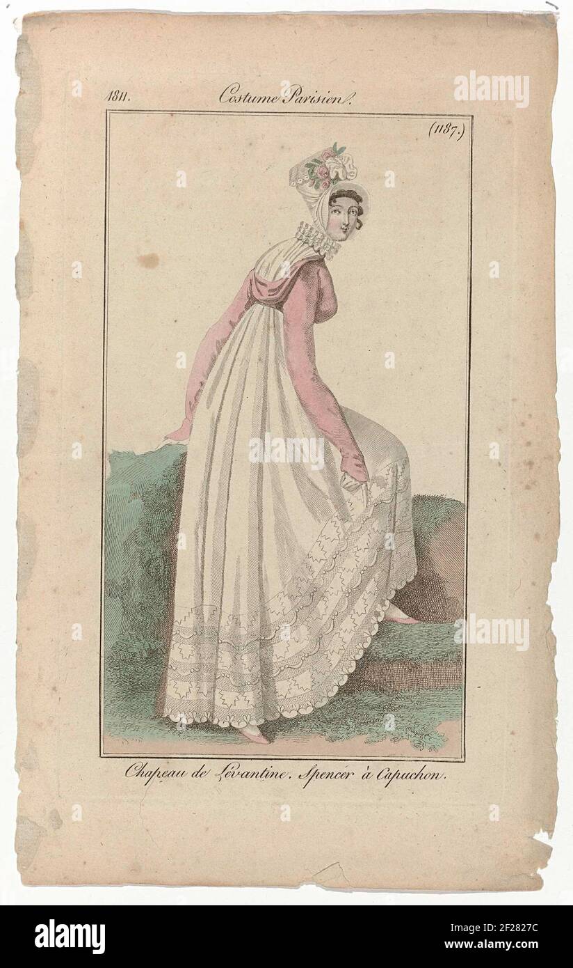 Journal des Dames et des Modes, Costume Parisien, 20 novembre 1811, (1187):  Chapeau de Lévantin (...).donna in piedi, vista sulla schiena, con un ' Chapeau de Lévantine' sulla testa. Indossa uno spencer con