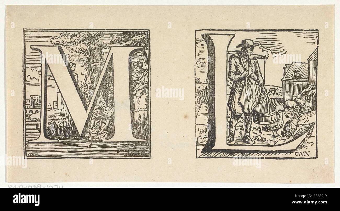 Foglia con le lettere M e L in cornici con una rappresentazione di Mosè che sono trovati dalla figlia del faraone e un contadino che esegue i suoi animali .. Foto Stock