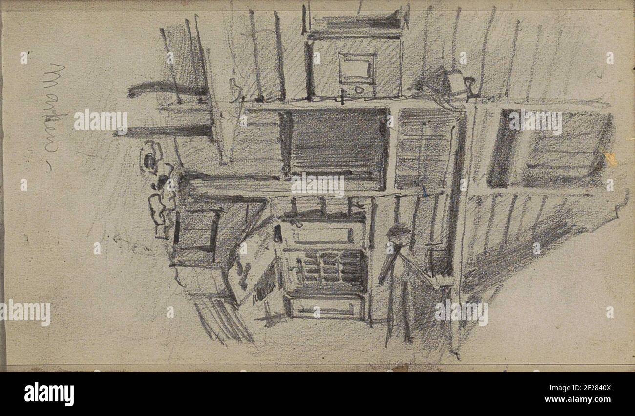 Houten huis a Marken.There sono diverse coppie di zoccoli di fronte alla casa. La foglia 32 recto da un libro di schizzo con 46 fogli. Foto Stock