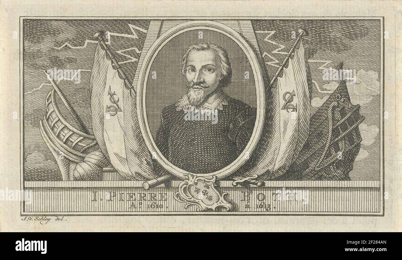 Ritratto di Pieter entrambi, Governatore Generale delle ex Indie Orientali olandesi dal 1610 al 1614. Dietro il ritratto una barca e due bandiere della compagnie indiana dell'Est Unito. Foto Stock