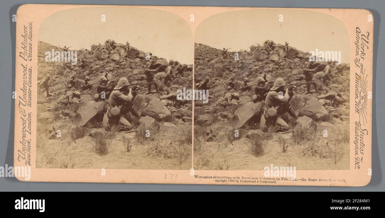 Rappresentazione in scena di una lotta tra l'esercito britannico e gli agricoltori sudafricani a Colesberg il 12 febbraio 1900; Wrocesesters Skirmishing con i Boers vicino a Colesberg il 12 febbraio - i Boers li hanno guidato indietro .. Foto Stock