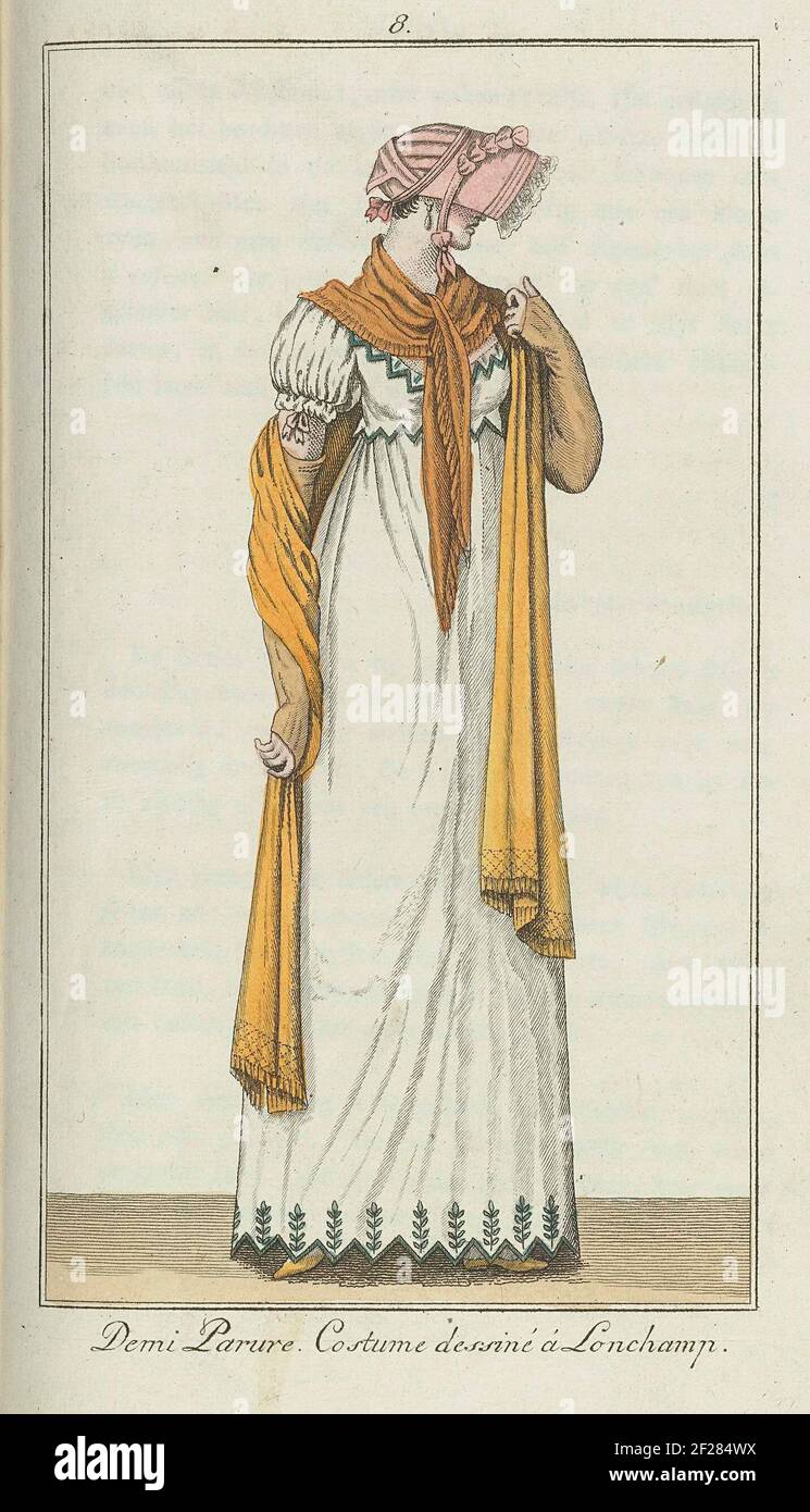 Elegantia, di tijdschrift van mode, luxe en smaak voor dames, 1807 aprile, No. 8: Demi Parure. Costume dessiné à Longchamp..il testo di accompagnamento (p. 128) citazioni: Jap di cotone Batista, con zoom dentellato con ramoscelli ricamati verde. Collo arrotondato, anch'esso dentellato e tornito. Maniche di puff corte. Fichu di seta e sciarpa gialla. Roserode capote, dalla parte anteriore con tulle. Guanti in pelle verde chiaro. Scarpe gialle in pelle turca. Secondo capisce, il costume è firmato a Longchamp. Stampa dalla rivista di moda Elegantia, o rivista di moda, lusso e gusto per le donne 1807- Foto Stock