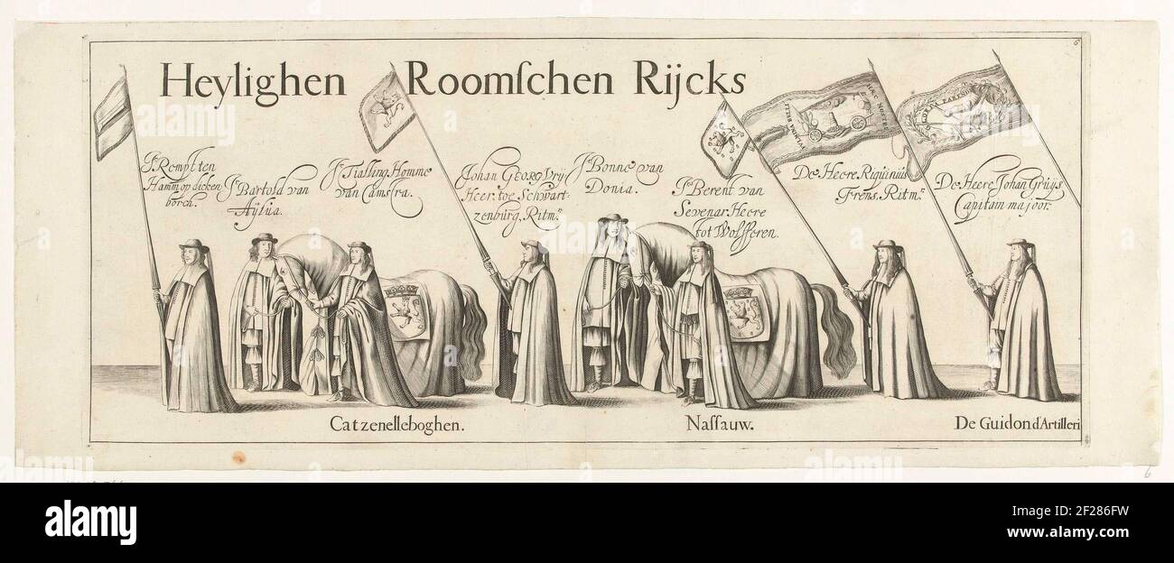 Corteo funebre di Willem Frederik, conte di Nassau-Dietz (rivista 6), 1665; lutto-Staetelijcke splendore cadavere nell'uyt-vaert e begraefenisse dal corpo dimesso di (...) Wilhelm Frederich (...) Morto all'interno di Leeuwarden (...) Den een-and-TwinTichsten ottobre, MDCLXIV. E Aldaer in 't Choor van de Jacobijner Kerck, Den Vyfthienden dicembre MDCLXIV. Vecchio stile (...). Processione funebre di Willem Frederik, Conte di Nassau-Dietz, a Leeuwarden il 6 gennaio 1665. Parte della processione funeraria. 6 in un insieme di 25 targhette numerate non assemblate e due fogli di testo che si aggiungono Foto Stock