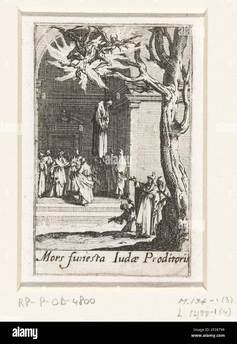 De dood van Judas Iskariot; Mors funesta Iudae Proditoris; De kleine apostelen; Het martelaarschap van de apostolelen.UN certo numero di persone guarda il corpo morto di Giuda Iskariot, che si è appeso. Gli esseri devilish prendono la sua anima. Sotto la mostra una didascalia in latino. Questa stampa fa parte di una serie di 16 stampe, composte da una pagina del titolo e 15 esecuzioni della tortura che gli apostoli hanno subito Foto Stock