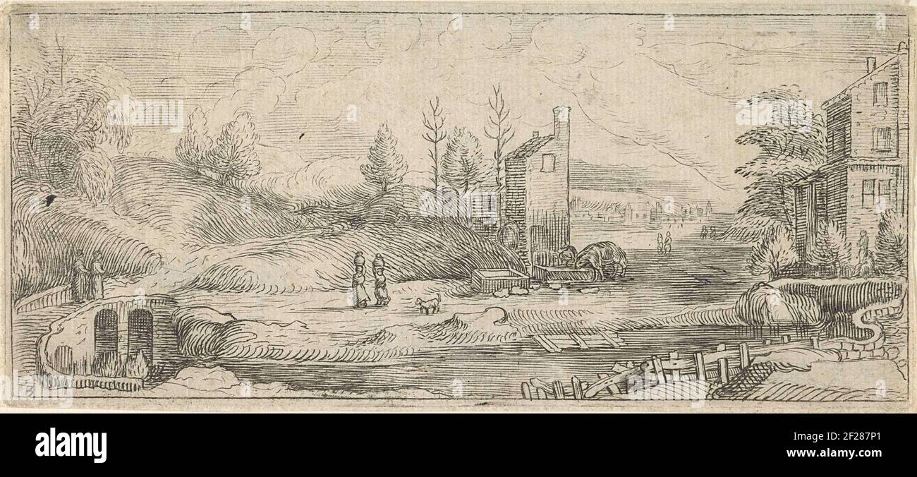 Paesaggio fluviale con due donne su un ponte; Paesaggi.due cavalli bere da un bacino d'acqua su un percorso lungo il fiume. Sinistra sotto numerata: 3. Foto Stock