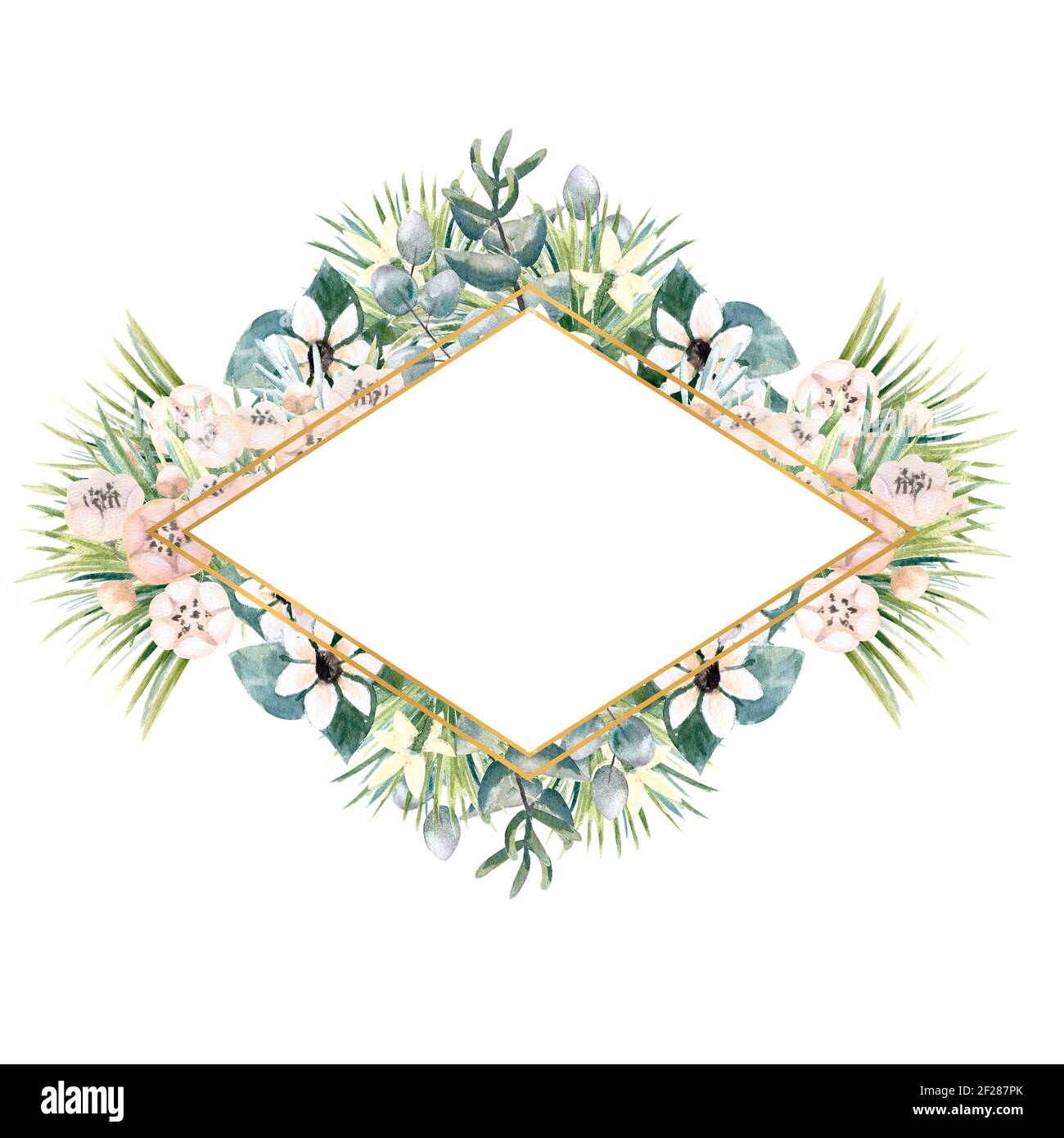 Montatura in oro a forma di diamante con piccoli fiori di actinidia, bouvardia, foglie tropicali e di palma. Bouquet di nozze in una cornice per il design di un elegante Foto Stock