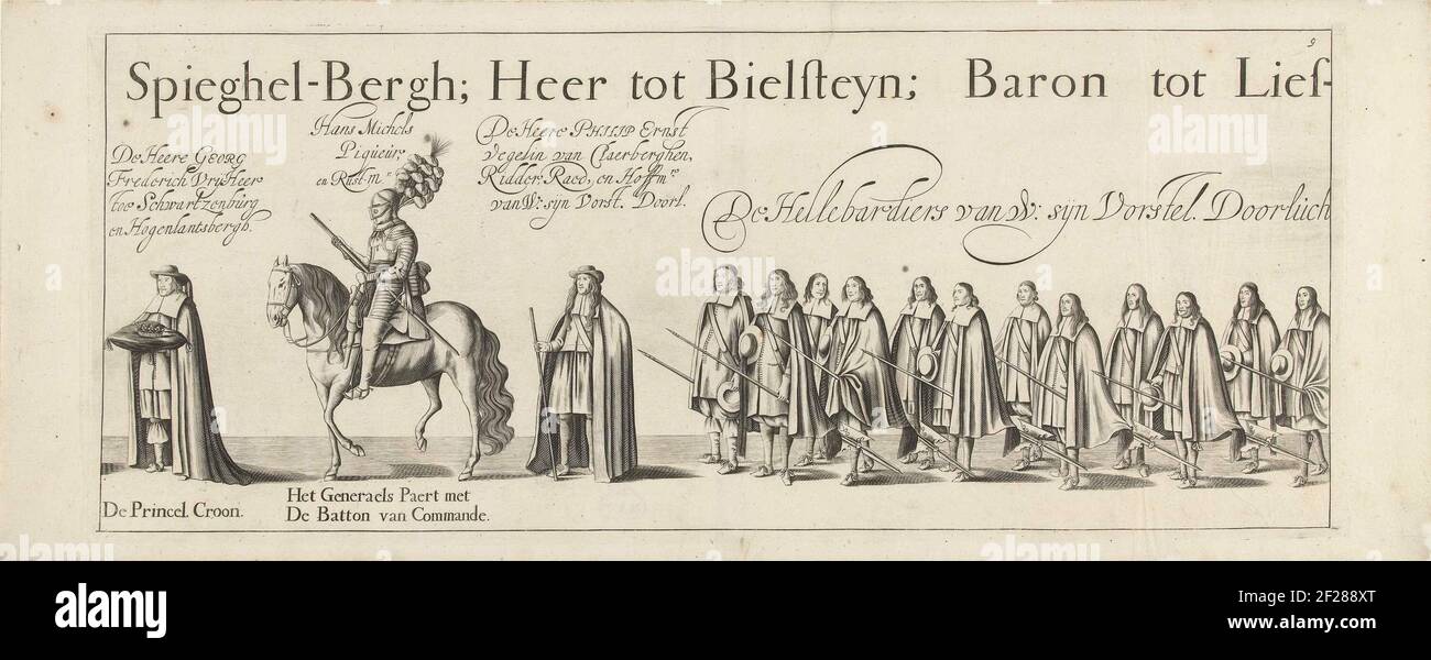 Corteo funebre di Willem Frederik, conte di Nassau-Dietz (rivista 9), 1665; lutto-Staetelijcke splendore cadavere nell'uyt-vaert e begraefenisse dal corpo dimesso di (...) Wilhelm Frederich (...) Morto all'interno di Leeuwarden (...) Den een-and-TwinTichsten ottobre, MDCLXIV. E Aldaer in 't Choor van de Jacobijner Kerck, Den Vyfthienden dicembre MDCLXIV. Vecchio stile (...). Processione funebre di Willem Frederik, Conte di Nassau-Dietz, a Leeuwarden il 6 gennaio 1665. Parte della Processione funebre. Piastra n. 9 in un insieme di 25 piastre numerate non assemblate e due fogli di testo che Tog Foto Stock