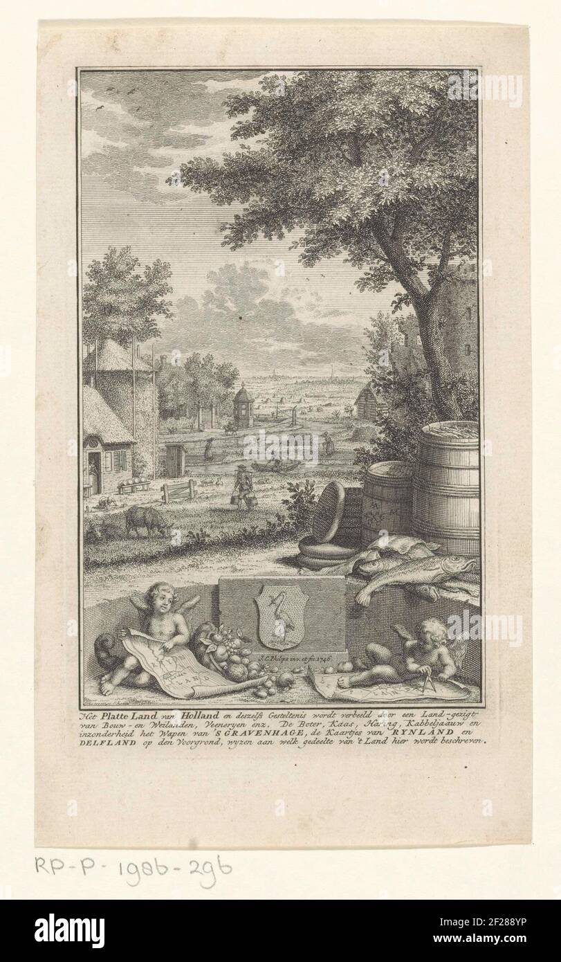 Allegoria sulla provincia di Olanda; pagina del titolo per: Thomas Salmon e Jan Wagenaar, oggi dei Paesi Bassi Uniti, sesta parte, 1746; pagina del titolo per: Thomas Salmon, storia contemporanea, o stato attuale di tutti i popoli, Xvide parte, 1746.Vista delle persone al lavoro nella campagna della Provincia di Olanda. Nel primo piano due Putti con mappe delle aree intorno a Delft e il Reno. Fiancheggiano l'arma dell'aia. Formaggi, conodi e barili di destra con aringa. Nel margine UNA didascalia di quattro righe in olandese. Foto Stock